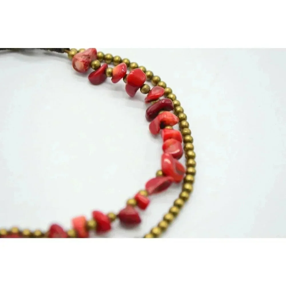 Child's Red Coral Brass Bead Beaded Choker Necklac